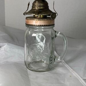 Vintage Golden Harvest drinking jar oil lamp with 2” burner. Pink no wick